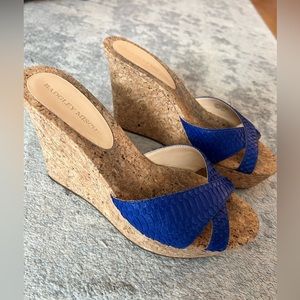 Badgley Mischa wedge cork heels with leather blue snake upper.